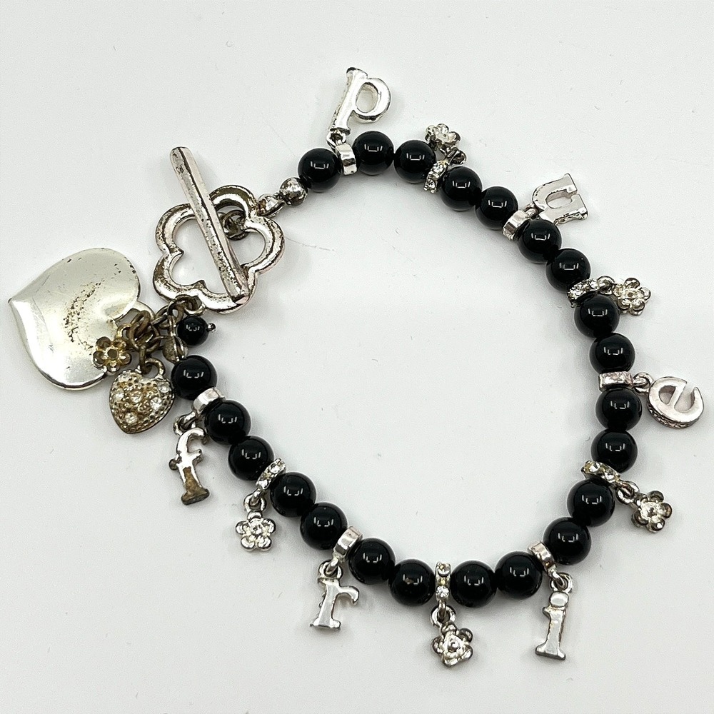 Vintage Y2K Silver Tone "FRIEND" Black Beaded Charm Bracelet‎ Pave Heart Toggle